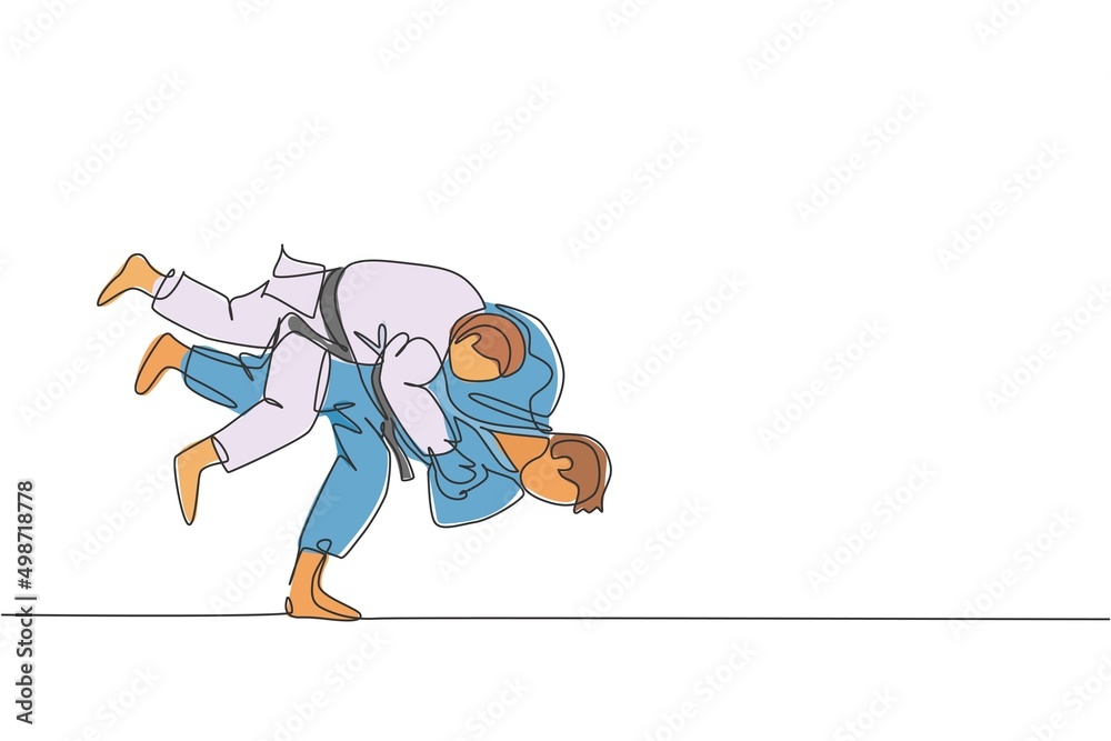 Single continuous line drawing of two young sportive judoka fighter men practice judo skill at dojo gym center. Fighting jujitsu, aikido sport concept. Trendy one line draw design vector illustration