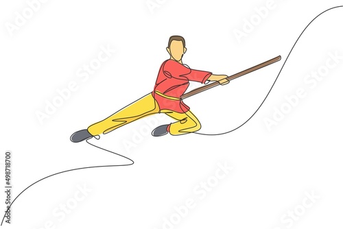 One continuous line drawing of wushu master man jumping, kung fu warrior in kimono with long staff on training. Martial art sport contest concept. Dynamic single line draw design vector illustration