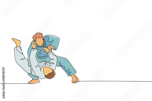 One continuous line drawing of two young sporty men focus training judo technique at sports hall. Jiu jitsu battle fight sport competition concept. Dynamic single line draw design vector illustration