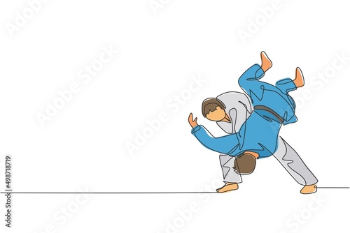 One single line drawing of two young energetic judokas fighter men battle fighting at gym center vector graphic illustration. Martial art sport competition concept. Modern continuous line draw design