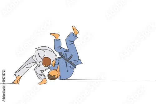 Single continuous line drawing of two young sportive judoka fighter men practice judo skill at dojo gym center. Fighting jujitsu, aikido sport concept. Trendy one line draw design vector illustration