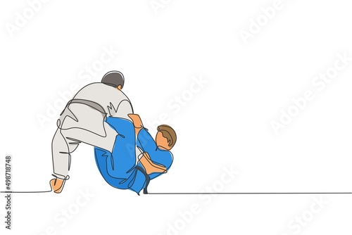 One single line drawing of two young energetic judokas fighter men battle fighting at gym center graphic vector illustration. Martial art sport competition concept. Modern continuous line draw design