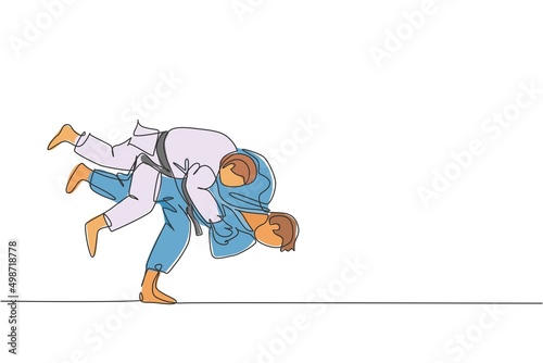 Single continuous line drawing of two young sportive judoka fighter men practice judo skill at dojo gym center. Fighting jujitsu, aikido sport concept. Trendy one line draw design vector illustration