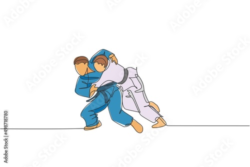 Single continuous line drawing of two young sportive judoka fighter men practice judo skill at dojo gym center. Fighting jujitsu, aikido sport concept. Trendy one line draw design vector illustration