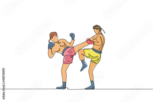 One single line drawing of two young energetic muay thai fighter men train to duel at gym fitness center vector illustration. Combative thai boxing sport concept. Modern continuous line draw design photo