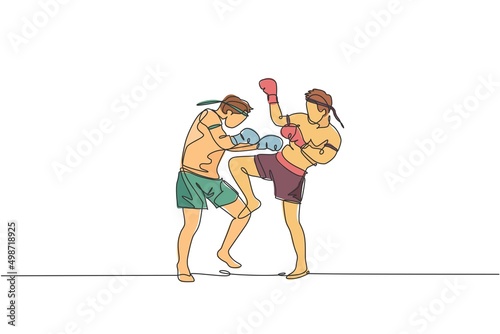 One continuous line drawing of two young sporty muay thai boxer men preparing to fight sparring, duel at box arena. Fighting sport game concept. Dynamic single line draw design vector illustration