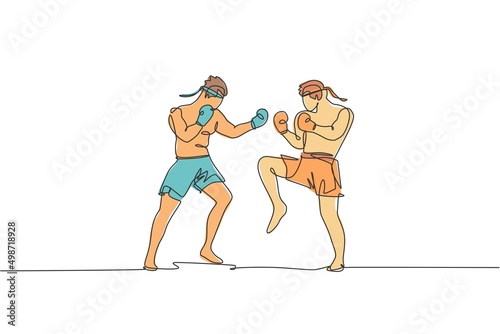 One single line drawing of two young energetic muay thai fighter men sparring fight at gym fitness center vector illustration. Combative thai boxing sport concept. Modern continuous line draw design