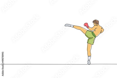 Single continuous line drawing young sportive man training thai boxing at gym club center. Combative muay thai sport concept. Competition event. Trendy one line draw design vector graphic illustration