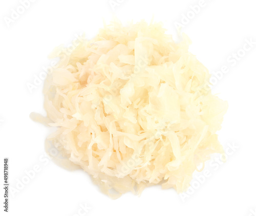 Heap of tasty sauerkraut on white background, top view