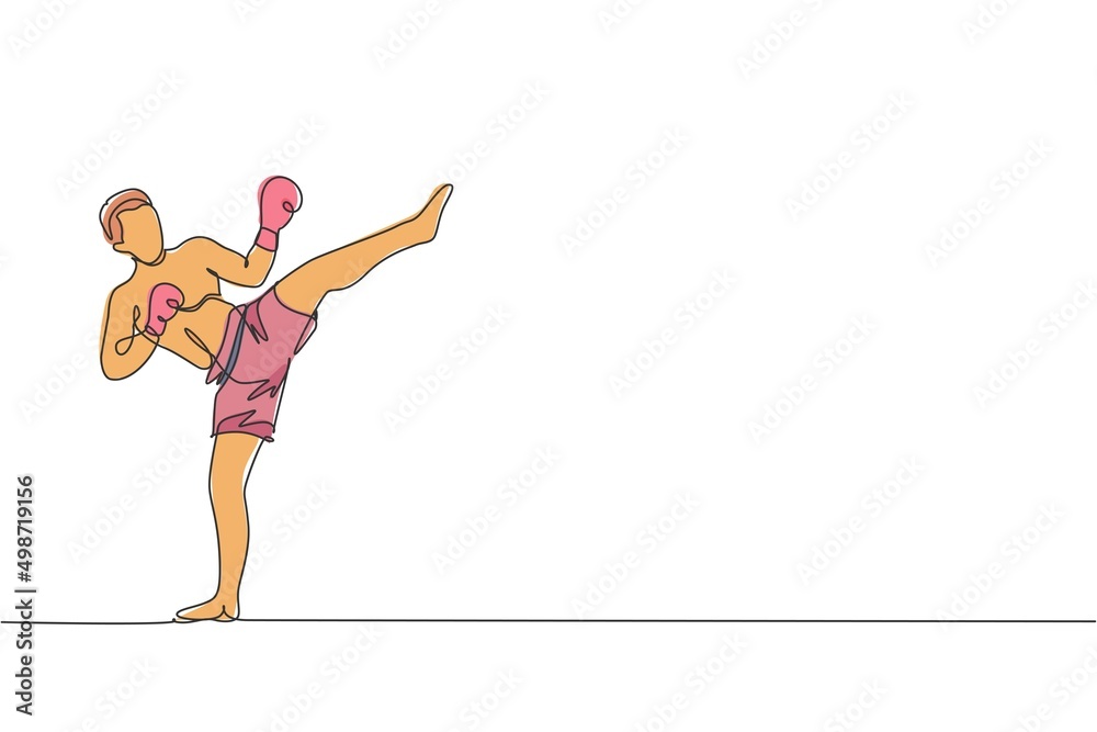 One single line drawing of young energetic man kickboxer practice high kick stance in boxing arena graphic vector illustration. Healthy lifestyle sport concept. Modern continuous line draw design One single line drawing of young energetic man kickboxer practice high kick stance in boxing arena graphic vector illustration. Healthy lifestyle sport concept. Modern continuous line draw design