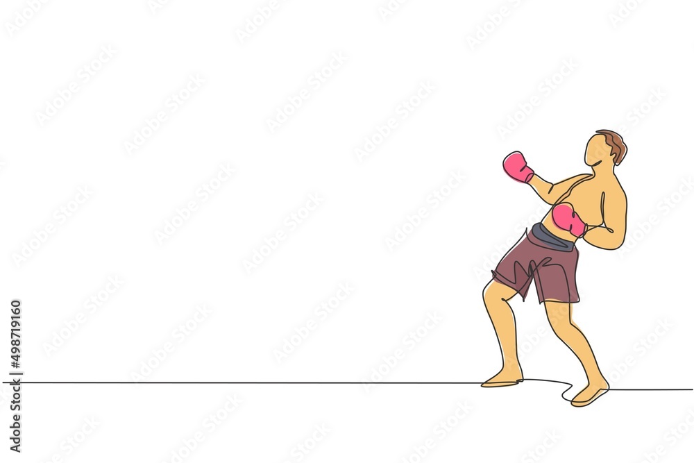 One continuous line drawing of young sporty man kickboxer athlete training defense move at gym center. Combative kickboxing sport concept. Dynamic single line draw design vector illustration graphic One continuous line drawing of young sporty man kickboxer athlete training defense move at gym center. Combative kickboxing sport concept. Dynamic single line draw design vector illustration graphic