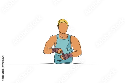 One continuous line drawing of young sporty man kickboxer athlete wrap bandage to prepare a fight at gym center. Combative kickboxing sport concept. Dynamic single line draw design vector illustration