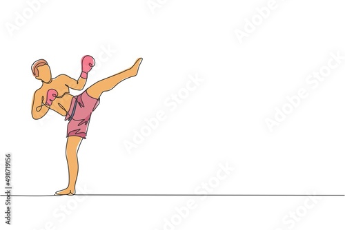 One single line drawing of young energetic man kickboxer practice high kick stance in boxing arena graphic vector illustration. Healthy lifestyle sport concept. Modern continuous line draw design