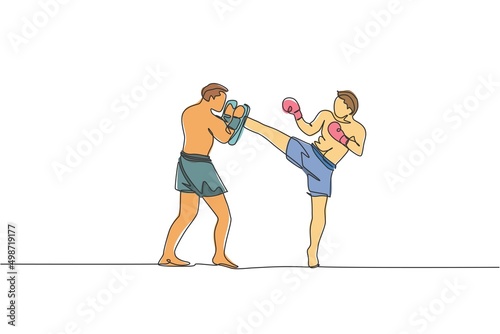 One single line drawing of young energetic man kickboxer practice with personal trainer in boxing arena graphic vector illustration. Healthy lifestyle sport concept. Modern continuous line draw design