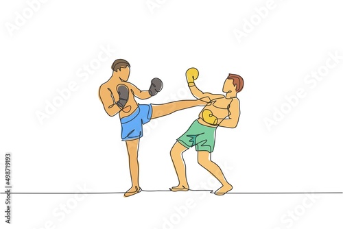 Single continuous line drawing of young sportive man kickboxer fighting for champion title in sport hall. Fight competition kickboxing sport concept. Trendy one line draw design vector illustration