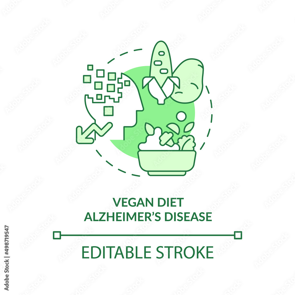 Vegan diet and Alzheimer disease green concept icon. Veganism and