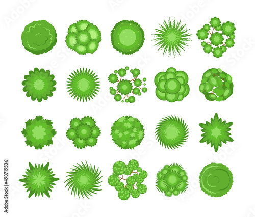 Top view of green trees and bushes vector illustrations set. Plant elements for garden, forest or park plan or map from birdseye view isolated on white background. Ecology, landscape design concept