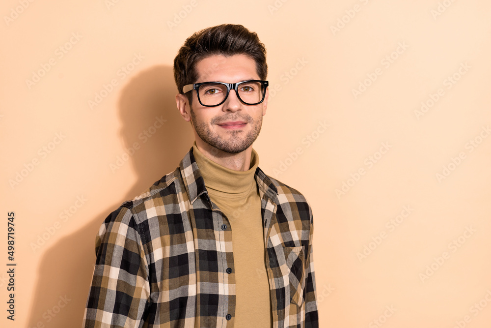 Portrait of responsible intelligent lawyer guy wearing specs look in camera isolated pastel color background Portrait of responsible intelligent lawyer guy wearing specs look in camera isolated pastel color background