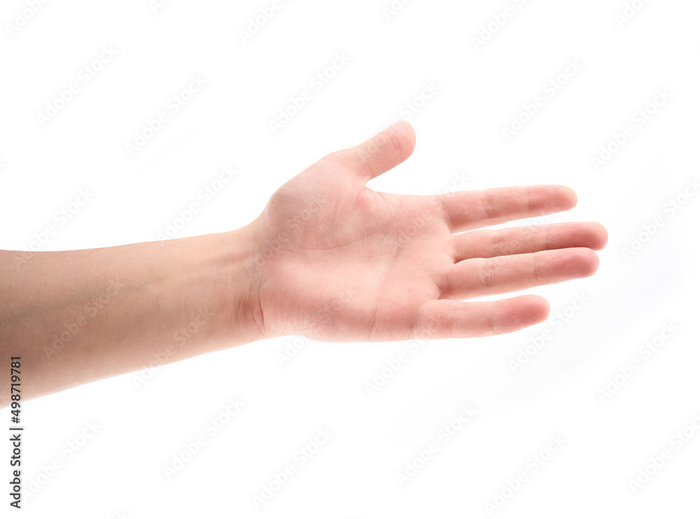 Female hand isolated on white background. White man hand showing symbols and gestures. 