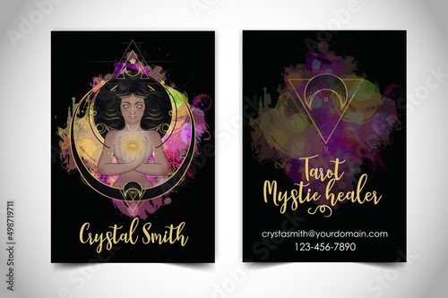 Fortune teller, spiritual coach, mystic healer business card design template. Vector illustration. Magic woman.