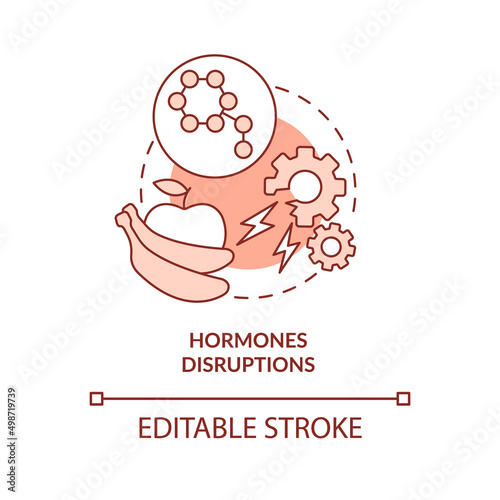 Hormones disruptions red concept icon. Endocrine system problem. Side effect abstract idea thin line illustration. Isolated outline drawing. Editable stroke. Arial, Myriad Pro-Bold fonts used