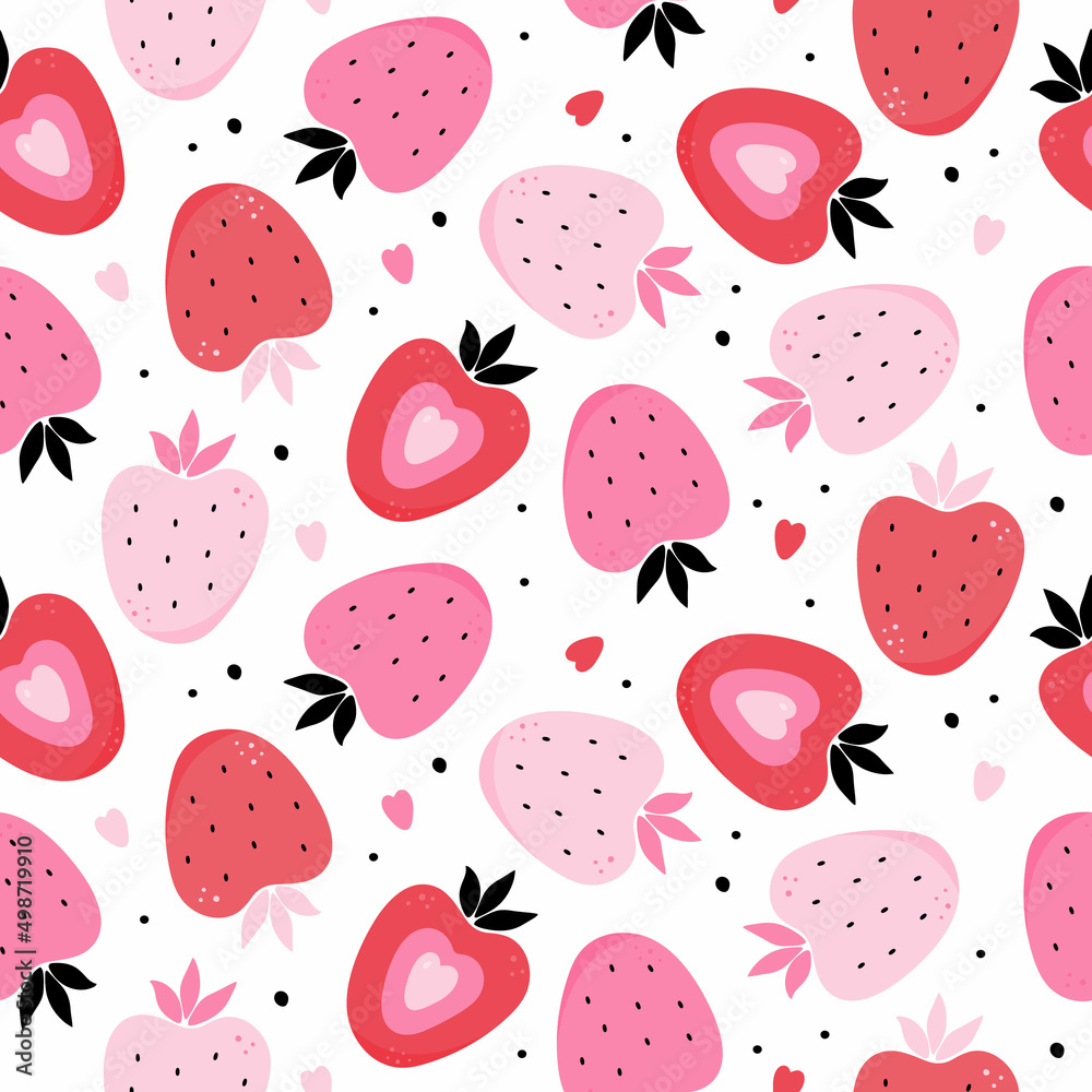 Vector seamless pattern with hand-drawn strawberries in pink and red colors. Design for typography, textiles or packaging design. Organic fruits or vegetarian food. Strawberry Love Cards Vector Vector seamless pattern with hand-drawn strawberries in pink and red colors. Design for typography, textiles or packaging design. Organic fruits or vegetarian food. Strawberry Love Cards Vector