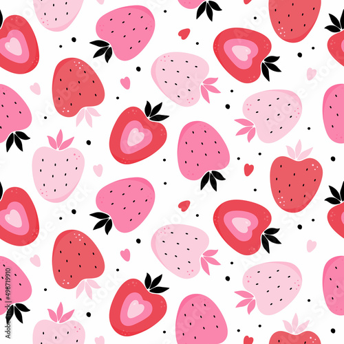 Vector seamless pattern with hand-drawn strawberries in pink and red colors. Design for typography, textiles or packaging design. Organic fruits or vegetarian food. Strawberry Love Cards Vector