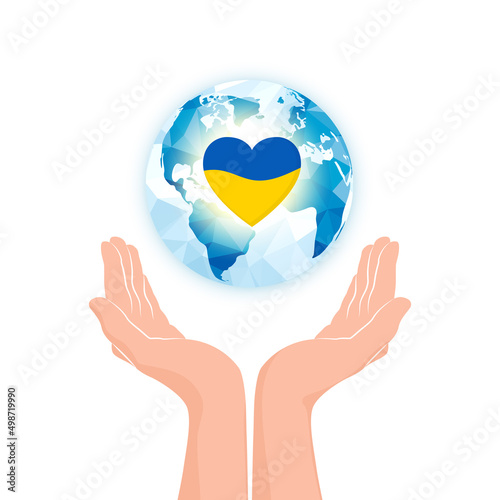 Couple of hands with planet and heart shape in national Ukraine colors. Symbol of mercy support and donation