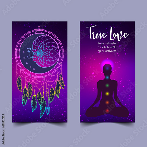 International Yoga Day. Silhouette in lotus position with wings over night sky background. Vector illustration. New age symbol, inner light, sacred geometry, kundalini, chakra, natural healing.