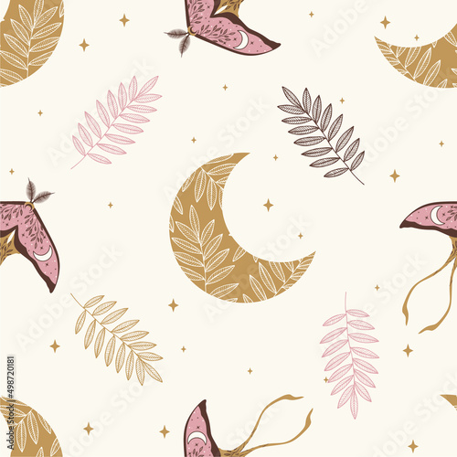 Mystical and celestial seamless boho vector pattern. Esoteric moon and star floral background.