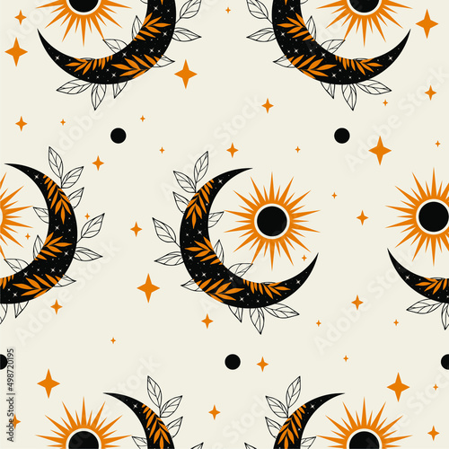 Mystical and celestial seamless boho vector pattern. Esoteric moon and star floral background.