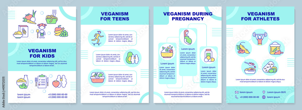 Vegan lifestyle for everyone brochure template. Plant based nutrition. Leaflet design with linear icons. 4 vector layouts for presentation, annual reports. Arial-Black, Myriad Pro-Regular fonts used