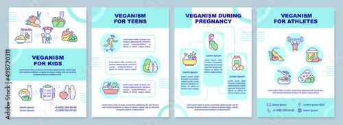 Vegan lifestyle for everyone brochure template. Plant based nutrition. Leaflet design with linear icons. 4 vector layouts for presentation, annual reports. Arial-Black, Myriad Pro-Regular fonts used