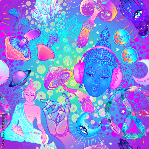 Psychedelic vector seamless pattern: trippy mushrooms, peace sign, acid Buddha, butterflies, all-seeing eye, mandala. Background with stoned trippy drug elements in cartoon comic style.