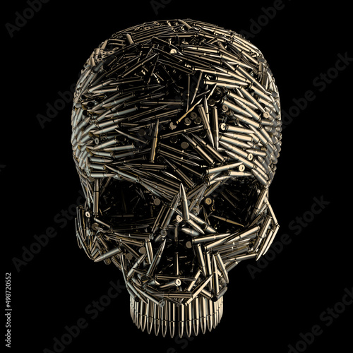 Bullet skull rifle metaphor - 3D illustration of long gun ammunition forming human cranium isolated on black studio background photo