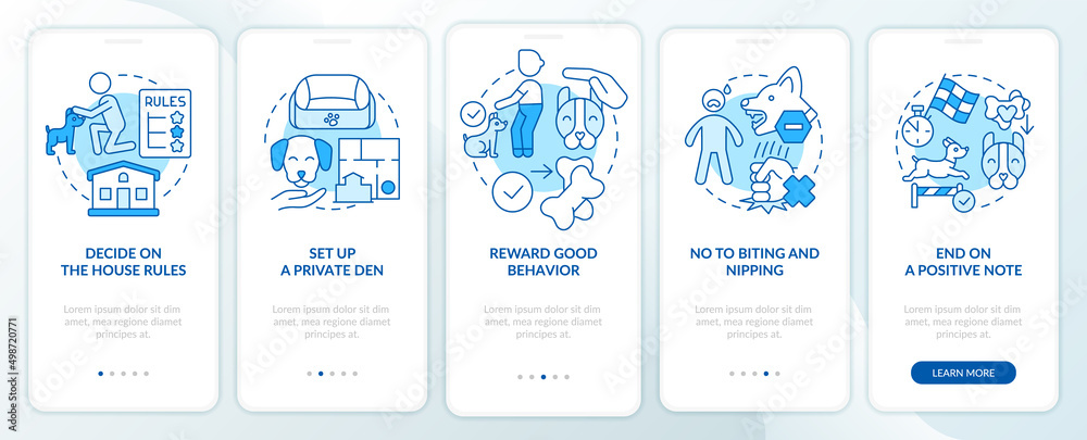 Obedience training for puppy blue onboarding mobile app screen. Walkthrough 5 steps graphic instructions pages with linear concepts. UI, UX, GUI template. Myriad Pro-Bold, Regular fonts used