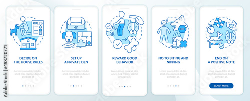 Obedience training for puppy blue onboarding mobile app screen. Walkthrough 5 steps graphic instructions pages with linear concepts. UI, UX, GUI template. Myriad Pro-Bold, Regular fonts used