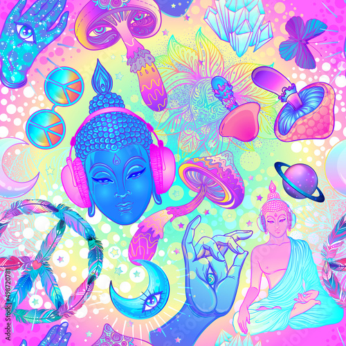 Psychedelic vector seamless pattern: trippy mushrooms, peace sign, acid Buddha, butterflies, all-seeing eye, mandala. Background with stoned trippy drug elements in cartoon comic style.