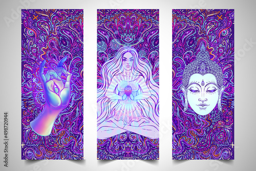 Yoga card, flyer, poster, mat design. Colorful template for spiritual retreat or yoga studio. Ornamental business cards, oriental pattern. Vector illustration