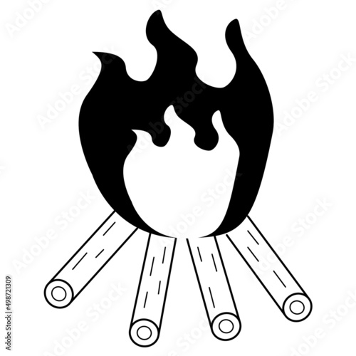 Hand drawn bonfire. During hikes and picnics, they are kindled for warmth and cooking. Doodle style. Vector