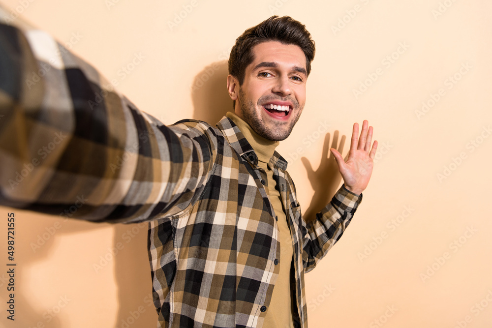 Photo of cheerful person make selfie greet his friend on summer vacation isolated pastel color background Photo of cheerful person make selfie greet his friend on summer vacation isolated pastel color background