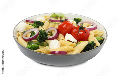 Bowl of delicious pasta with tomatoes, onion and broccoli on white background