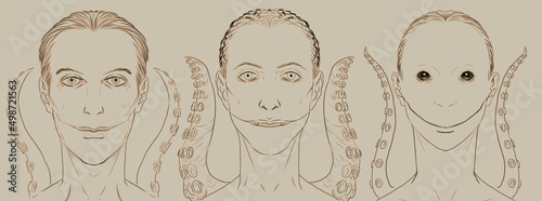 Valokuva Digital illustration of the front view of three different types of aliens or dem
