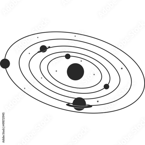 The planets revolve around the earth. Flat black icon.