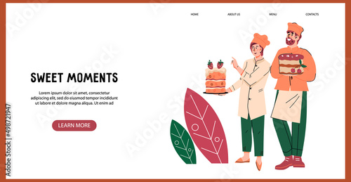Pastry or confectionery web page template, flat vector. Advertising web banner for selling sweet pastry production making desserts with characters of pastry cooks holding cakes.