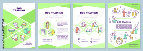 Dog training green brochure template. Dog obedience class. Leaflet design with linear icons. 4 vector layouts for presentation, annual reports. Arial-Black, Myriad Pro-Regular fonts used
