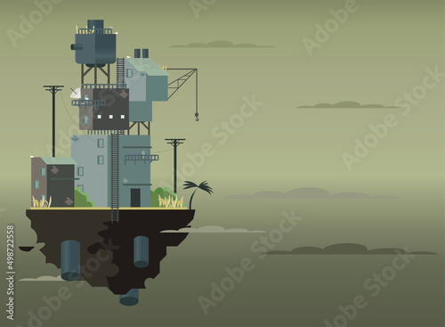 Low polygonal floating island with lone fantasy hut and trees. steampunk landscape with copy space