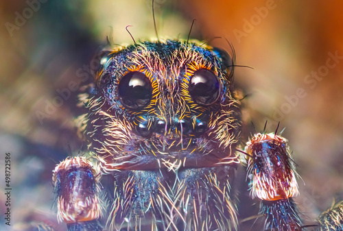 Portrait of Thin-legged Wolf Spider - Genus Pardosa, close up detailed focus stacked photo