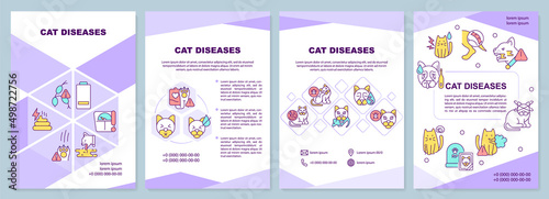 Cat diseases purple brochure template. Symptoms and treatment. Leaflet design with linear icons. 4 vector layouts for presentation, annual reports. Arial-Black, Myriad Pro-Regular fonts used