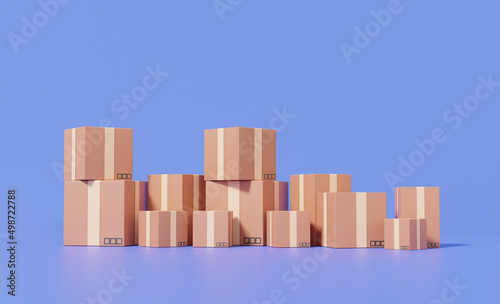 Package delivery and stack parcels box on purple background with logistics transportation service concept. import Integrated warehousing, minimal cartoon. 3d render illustration